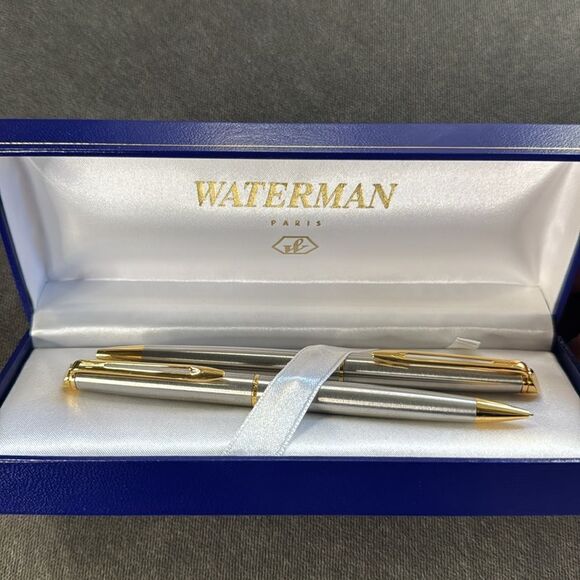 Waterman Stainless Steel Ball Point Pen & Pencil Set Silver Gold Trim Medium NEW - Picture 1 of 14